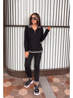 Kadın Uzun Kollu Ribana Ve Fermuar Detay Bluz Ve Yüksel Bel Pantolon 2li Takım