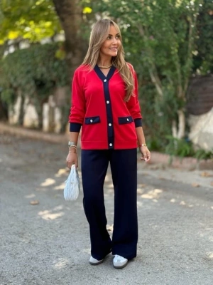 Kadın Uzun Kollu Ribanali Cep Detay Hırka Ve Bol Paça Pantolon Ikili Takım