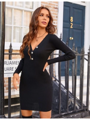 Kadın Uzun Kollu şardonlu Kaşkorse önü Düğmeli Mini Elbise