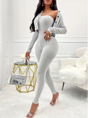 Kadın Uzun Kollu şardonlu Kaşkorse Straplez Ile Kısa önden Düğmeli Ceket Ikili Takım