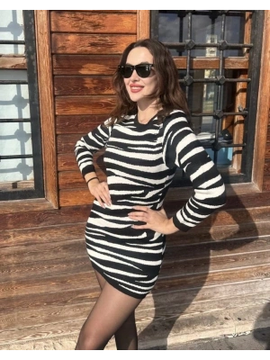 Kadın Uzun Kollu Siyah Beyaz Zebra Desen Triko Elbise