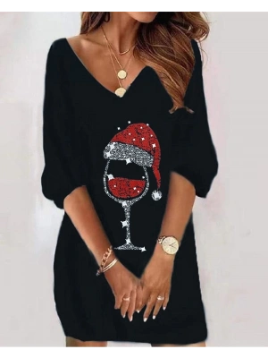 Kadın Uzun Kollu Siyah V Yaka şapka Baskılı Siyah Dalgıç Kumaş Elbise