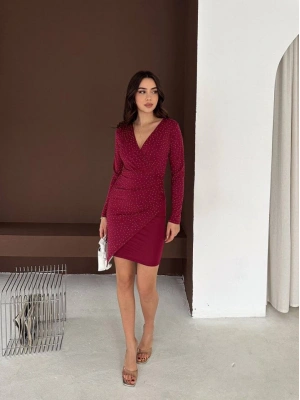 Kadın Uzun Kollu Taş Detay ini Kruvaze Elbise