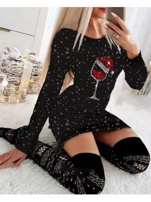 Kadın Uzun Kollu Taş Kadeh Baskı Mikro Mini Boy Elbise