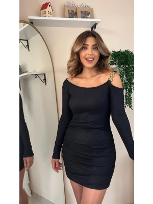 Kadın Uzun Kollu Tek Omuz Askı Detay Eteği Büzgülü şardonlu Kaşkorse Mini Elbise