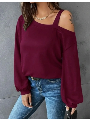 Kadın Uzun Kollu Tek Omuz Askı Detay Salaş Dalgıç Bluz