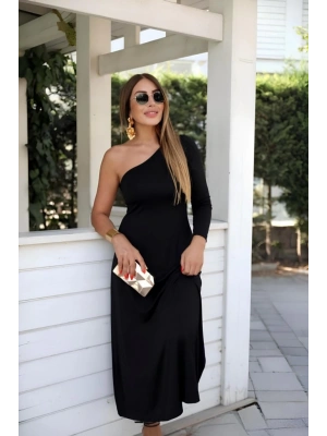 Kadın Uzun Kollu Tek Omuz Detay Krep Elbise