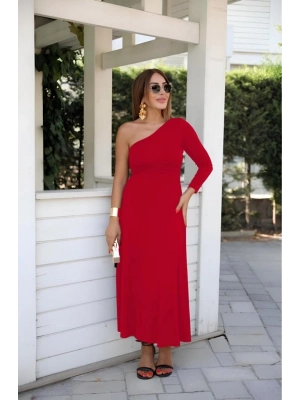 Kadın Uzun Kollu Tek Omuz Detay Krep Elbise