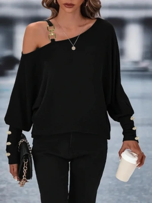 Kadın Uzun Kollu Tek Omuzdan Açık Askı Detaylı Waffle Bluz
