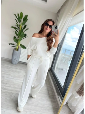 Kadın Uzun Kollu Tek Omuzdan Açık Dalgıç Bluz Ve Pantolon Ikili Takım