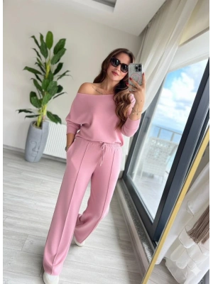 Kadın Uzun Kollu Tek Omuzdan Açık Dalgıç Bluz Ve Pantolon Ikili Takım
