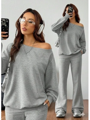 Kadın Uzun Kollu Tek Omuzdan Açık Iki Iplik Bluz Ve Pantolon Ikili Takım