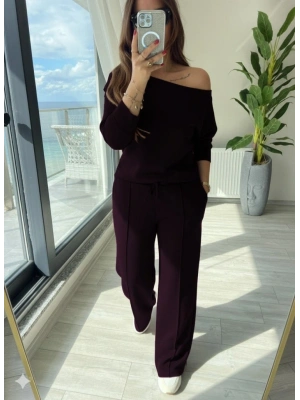 Kadın Uzun Kollu Tek Omuzdan Açık Modal Bluz Ve Pantolon Ikili Mürdüm Takım