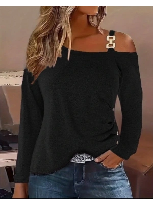 Kadın Uzun Kollu Tek Omuzu Açık Askılı Toka Ve Düğme Detaylı Yumuşak Bluz