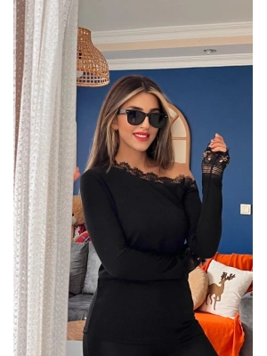 Kadın Uzun Kollu Tek Omuzu Açık Dantelli Burgu Bluz