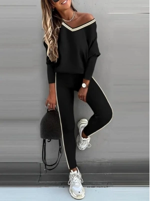 Kadın Uzun Kollu Tek Omuzu Açık Detaylı Viskon Iki Iplik Bluz Ve Pantolon Ikili Takım