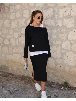 Kadın Uzun Kollu Tek Omuzu Açık Viskon Bluz Içi Atletli Ve Yandan şeritli üçlü Viskon Ikili Takım