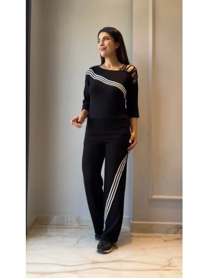 Kadın Uzun Kollu Truvakar Kol Tek Omuz çapraz şerit Detaylı Ribanalı Viskon Iki Iplik Bluz Ve Pantolon Ikili Takım
