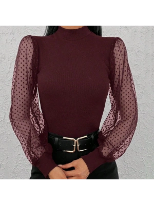 Kadın Uzun Kollu Tül Detaylı Yarım Balıkçı Yaka Kaşkorse Bluz