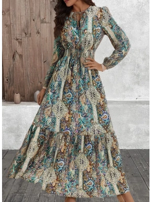 Kadın Uzun Kollu Uakadabağcıklı Beli Lastikli Desenli Uzun Süprem Elbise