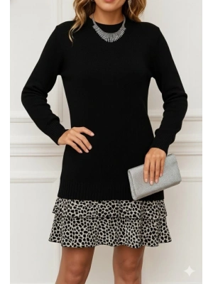 Kadın Uzun Kollu üst şardonlu Kaşkorse Alt Süprem Desenli Elbise