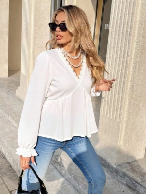 Kadın Uzun Kollu V Dantel Yaka Aerobin Bluz