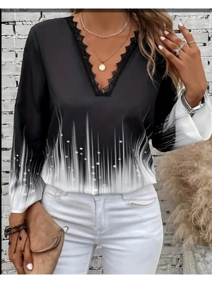 Kadın Uzun Kollu V Dantel Yaka Desenli Modal Bluz