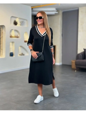 Kadın Uzun Kollu V Ribana Yakalı Yanlardan Yırtmaçlı Midi Viskon Iki Iplik Elbise