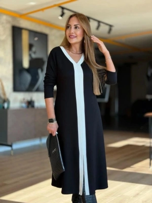 Kadın Uzun Kollu V şerit Yakalı önden Kısa Yırtmaçlı Detaylı Midi Viskon Iki Iplik Elbise