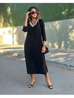 Kadın Uzun Kollu V şerit Yakalı Viskon Iki Iplik Elbise