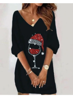 Kadın Uzun Kollu V Yaka Baskılı Dalgıç Kumaş Elbise