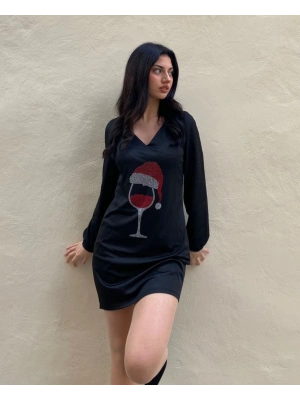 Kadın Uzun Kollu V Yaka Baskılı Dalgıç Kumaş Elbise