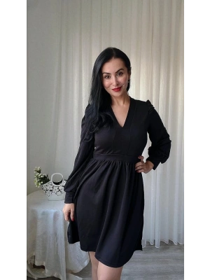 Kadın Uzun Kollu V Yaka Belden Hafif Pileli Scuba Krep Mini Boy Elbise