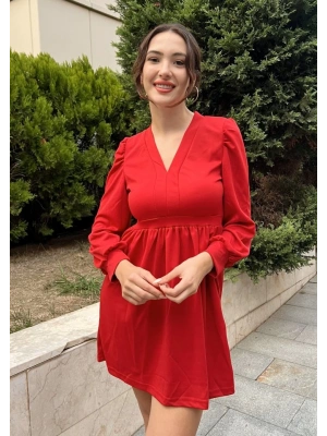 Kadın Uzun Kollu V Yaka Belden Hafif Pileli Scuba Krep Mini Boy Elbise