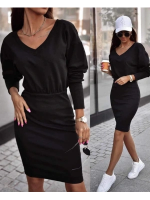 Kadın Uzun Kollu V Yaka Beli Lastikli Kolu Manşetli Iki Iplik Elbise