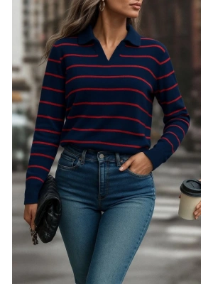 Kadın Uzun Kollu V Yaka çizgili Triko Bluz