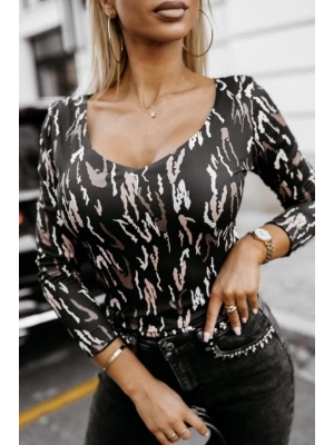 Kadın Uzun Kollu V Yaka Desenli Mikro Kumaş Bluz