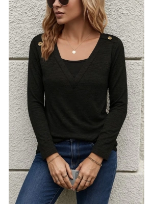 Kadın Uzun Kollu V Yaka Düğme Detaylı Yumoş Bluz