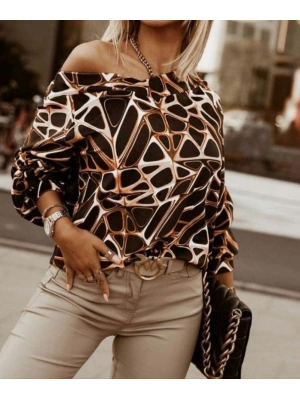 Kadın Uzun Kollu V Yaka Düşük Omuz Geometrik Desen şardonlu Dalgıç Bluz