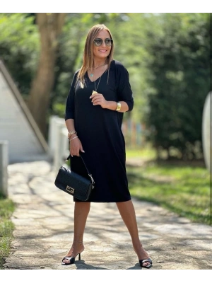 Kadın Uzun Kollu V Yaka Iki Yanı Cepli Salaş Iki Iplik Elbise