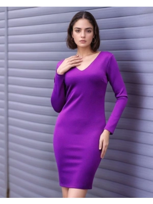 Kadın Uzun Kollu V Yaka ırt Dekolteli cuba Dalgıç Kumaş Mini Elbise