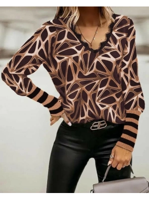 Kadın Uzun Kollu V Yaka Kenarları Güpür Detay şardonlu Dalgıç Bluz