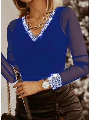 Kadın Uzun Kollu V Yaka Kollar Tül Yaka Ve Kol Ağzı Payet Detay Viskon Bluz