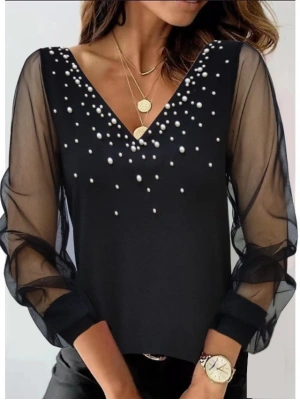 Kadın Uzun Kollu V Yaka Kolları Tül Yaka Kenarı Ve Göğüs Inci Detay Krep Bluz