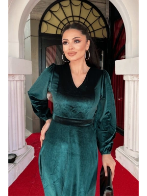 Kadın Uzun Kollu V Yaka Kuşak Dahil Kadife Kumaş idi Boy Elbise