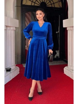 Kadın Uzun Kollu V Yaka Kuşak Dahil Kadife Kumaş idi Boy Elbise