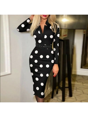 Kadın Uzun Kollu V Yaka Puantiyeli Krep Midi Boy Elbise