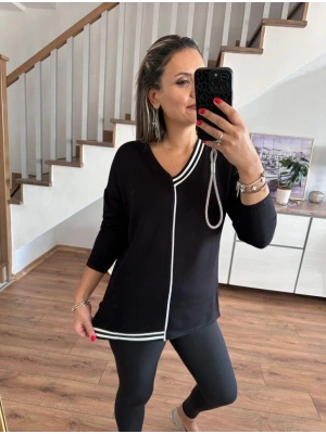 Kadın Uzun Kollu V Yaka Ribana Detay Kristal Kumaş Bluz