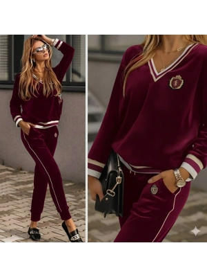 Kadın Uzun Kollu V Yaka Yakası Ve Kol Ağzı şerit Detay Kadife Takım