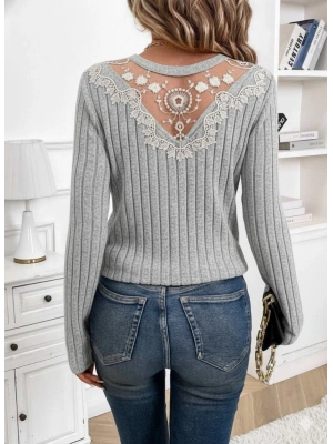 Kadın Uzun Kollu V Yakalı Arkadan Dantel Detaylı şardonlu Kaşkorse Bluz
